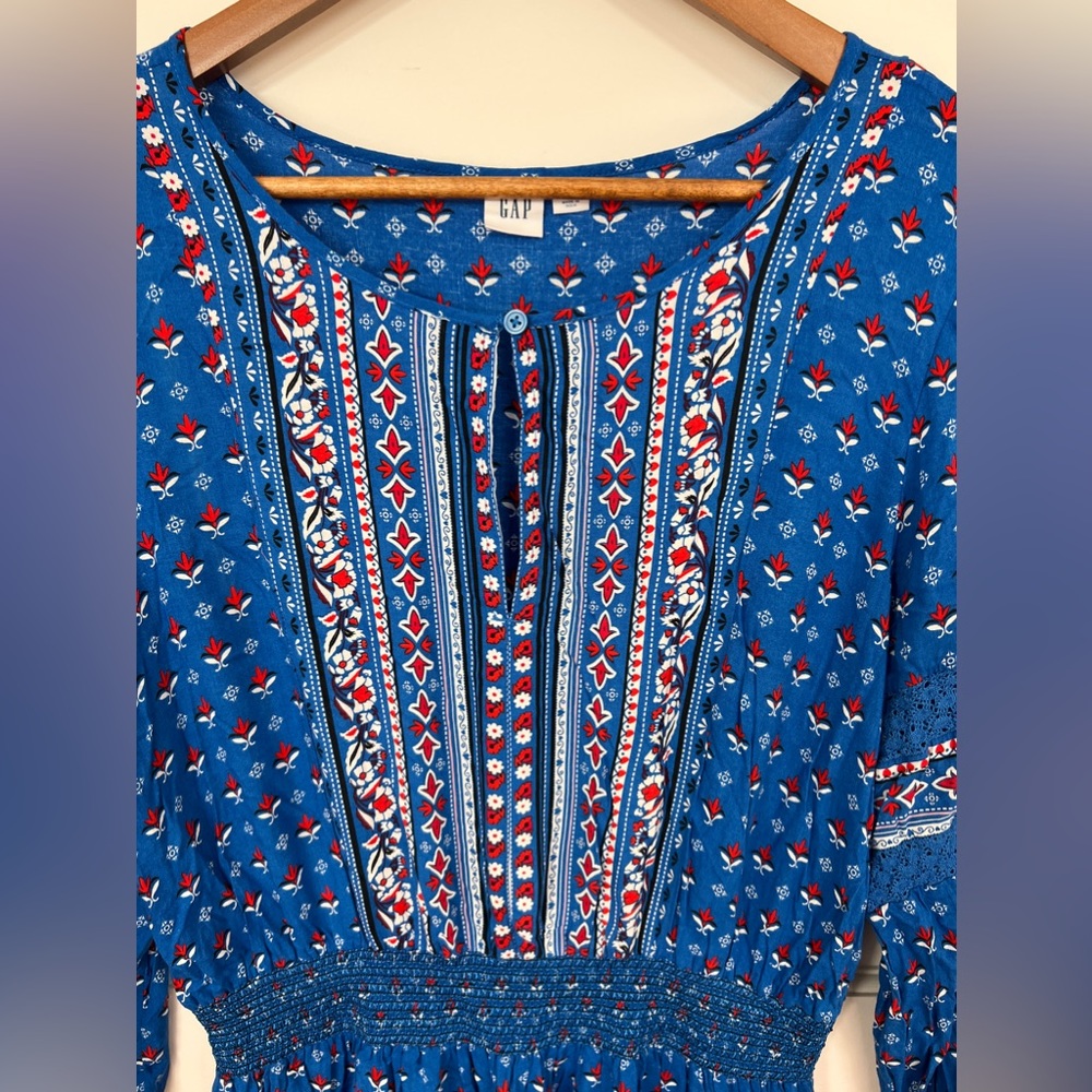 GAP peasant dress bright blue red and white design M